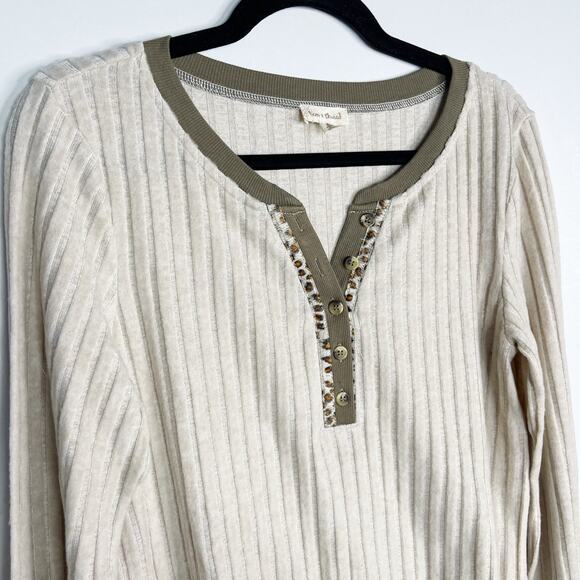 New Hem & Thread Large L Cream Cozy Ribbed Long Sleeve Henley Leopard Print Trim - Picture 3 of 10